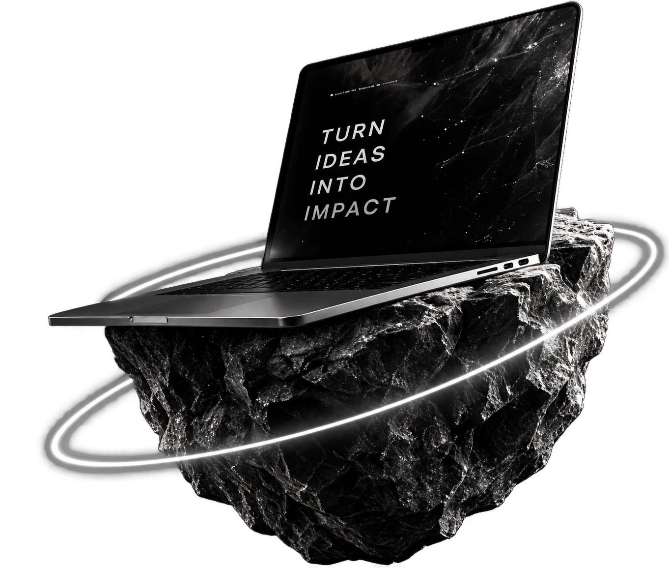 Laptop displaying “Turn Ideas Into Impact”, balanced on a dark asteroid encircled by a luminous ring