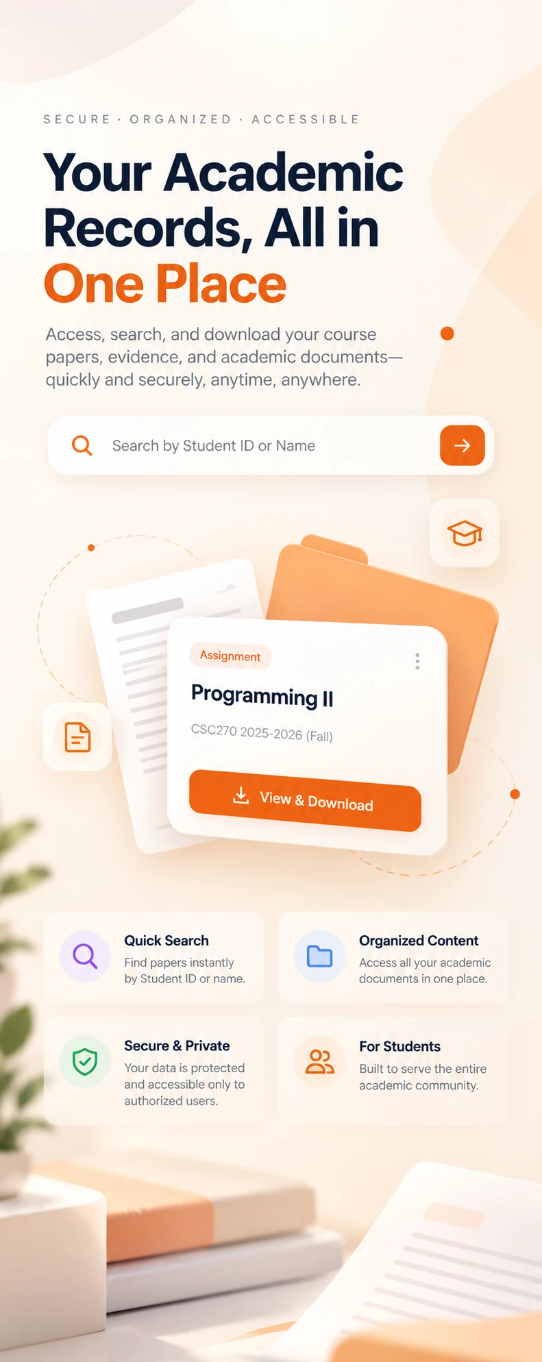 Academic Vault poster showing a warm orange academic records dashboard