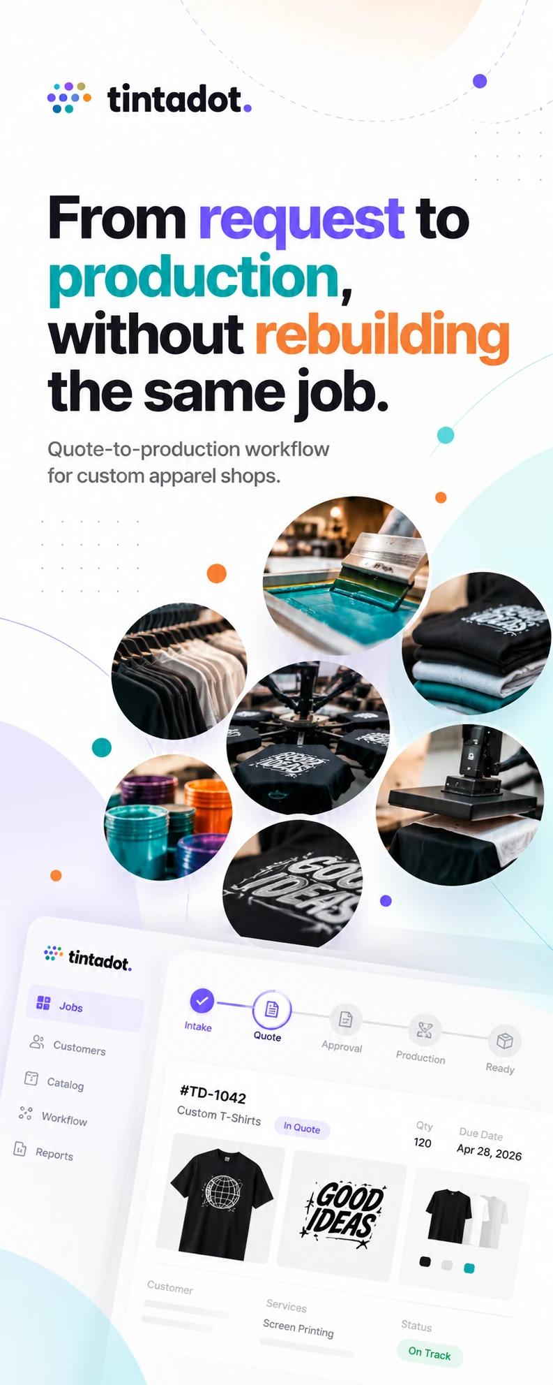Tintadot apparel workflow poster with a quote-to-production process